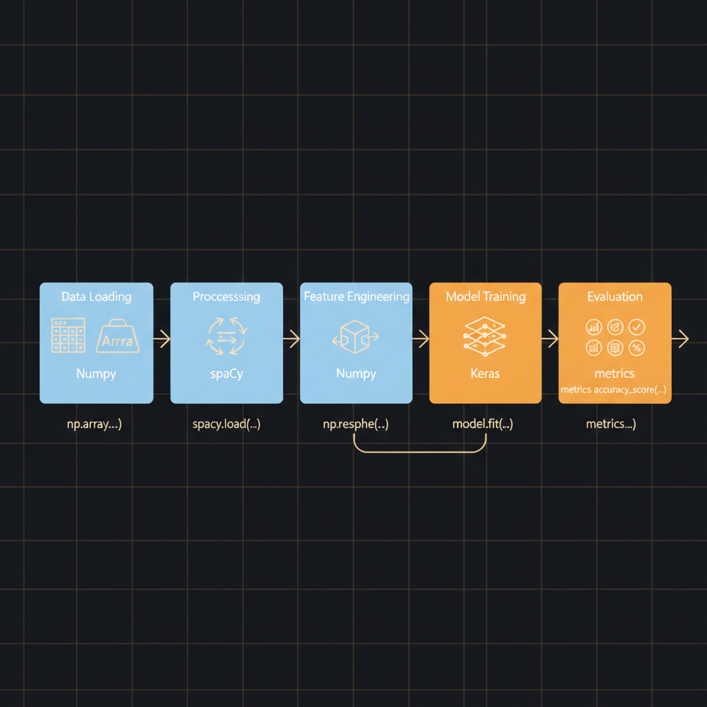 Concept architecture for Use Python packages (spaCy, NumPy, Keras, etc.) to implement specific traditional machine learning analyses.